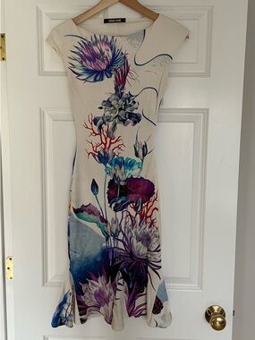 Roberto Cavalli Ivory Midi Dress with Purple and Blue Floral Print